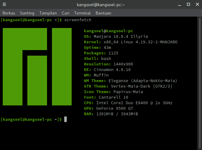 Cara install Screenfetch untuk Menampilkan ASCII art Logo Distro Linux di Terminal, tampilan di manjaro linux
